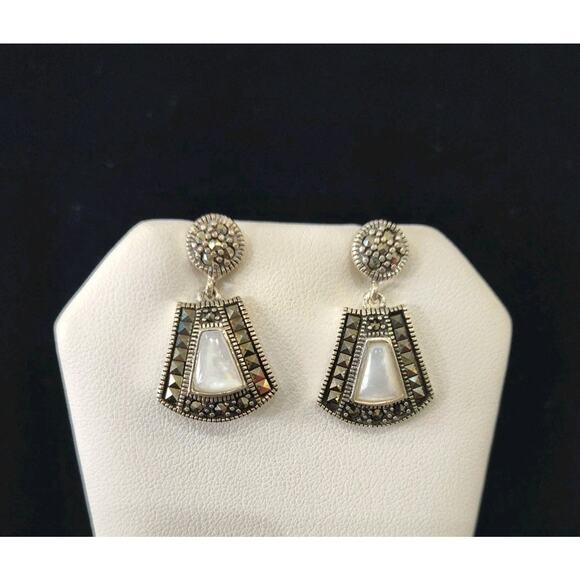 925A Thailand Sterling Silver Mother Of Pearl Marcasite Dangle Pierced Earrings - Picture 2 of 3